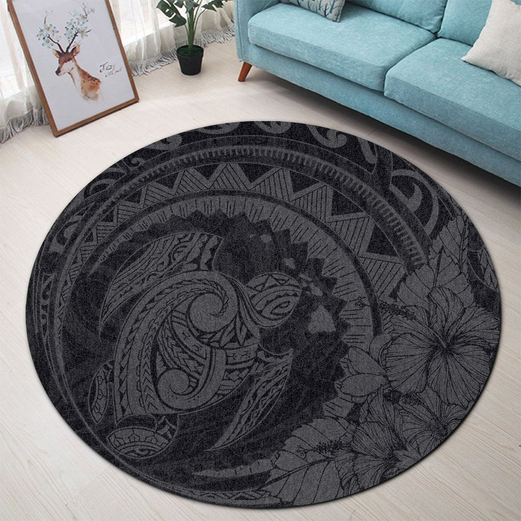 Hawaiian Kanaka Honu Map Hibiscus Globular Polynesian Gray Round Carpet - AH - Polynesian Pride