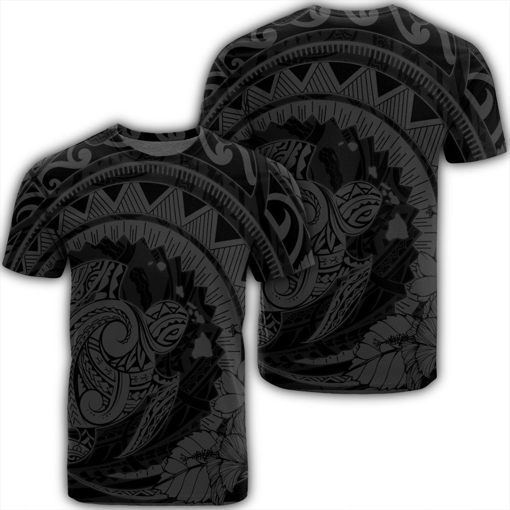 Hawaiian Kanaka Honu Map Hibiscus Globular Polynesian Gray T Shirt Unisex Black - Polynesian Pride