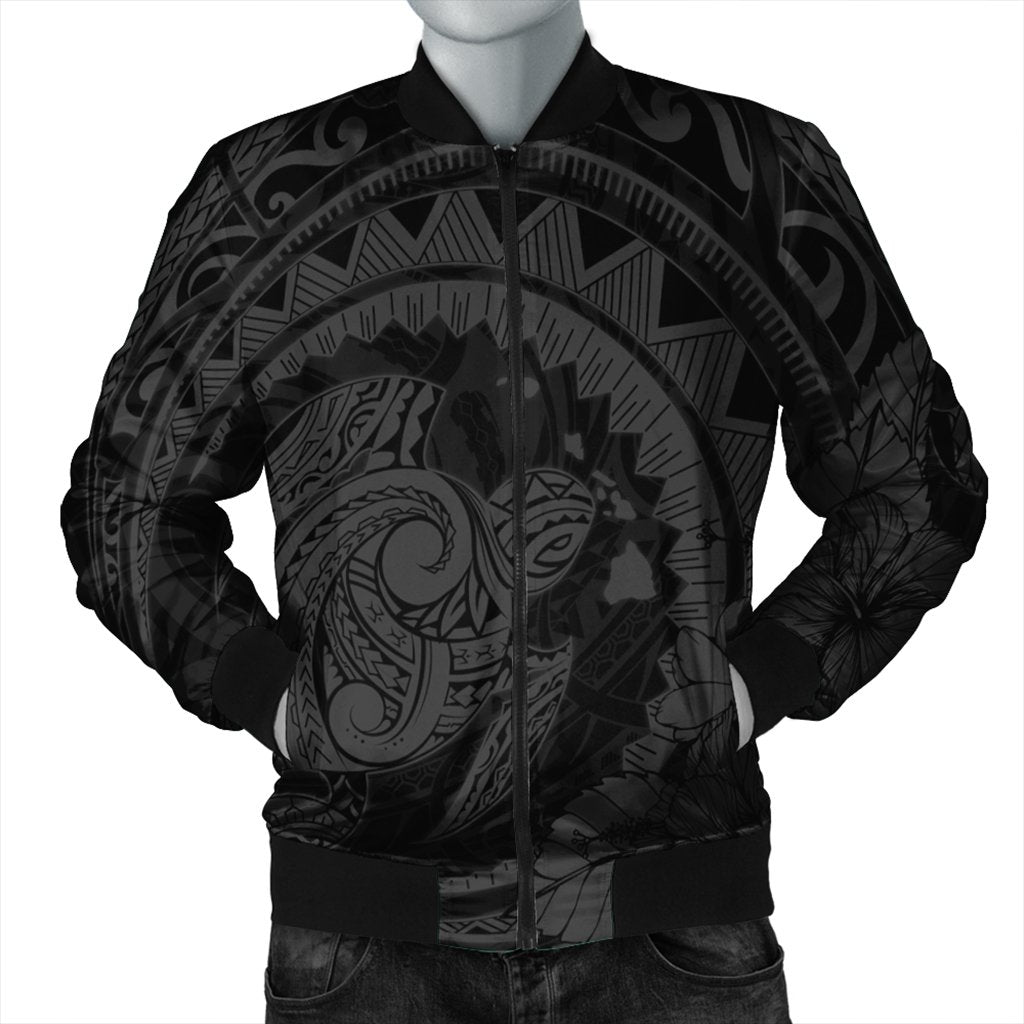 Hawaiian Kanaka Honu Map Hibiscus Globular Polynesian Gray Bomber Jacket - AH Black Unisex - Polynesian Pride