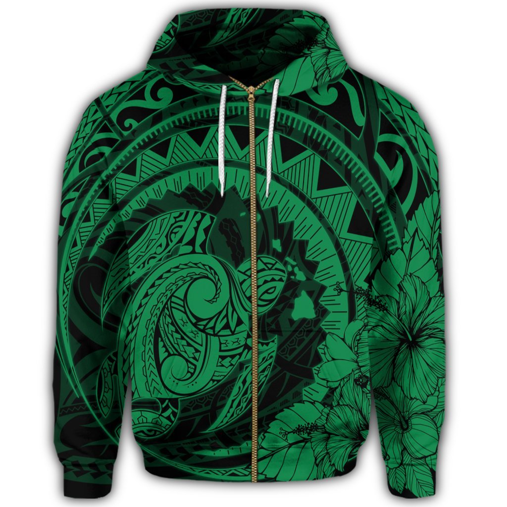 Hawaiian Kanaka Honu Map Hibiscus Globular Polynesian Green Zip Hoodie - Polynesian Pride