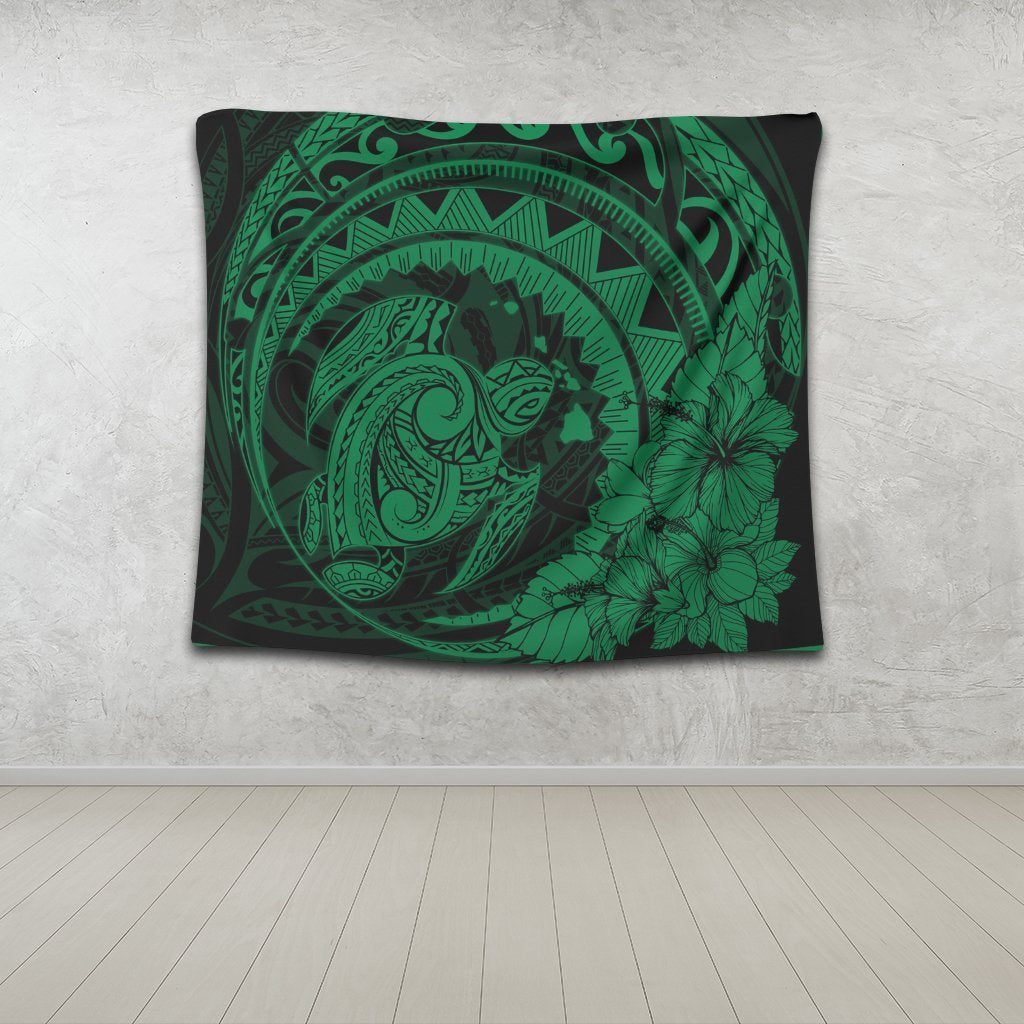 Hawaiian Kanaka Honu Map Hibiscus Globular Polynesian Green Tapestry - AH - Polynesian Pride