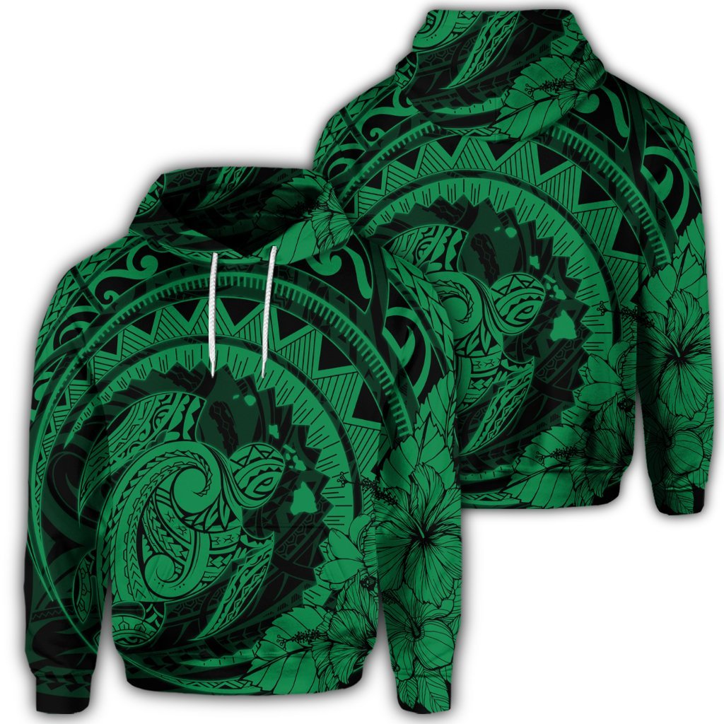 Hawaiian Kanaka Honu Map Hibiscus Globular Polynesian Green Hoodie Unisex Art - Polynesian Pride