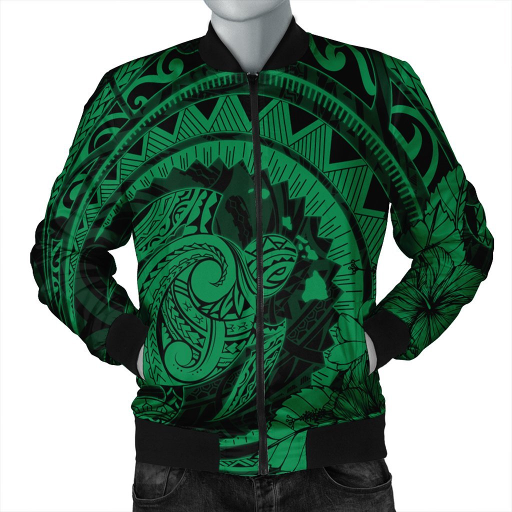 Hawaiian Kanaka Honu Map Hibiscus Globular Polynesian Green Bomber Jacket - AH Black Unisex - Polynesian Pride