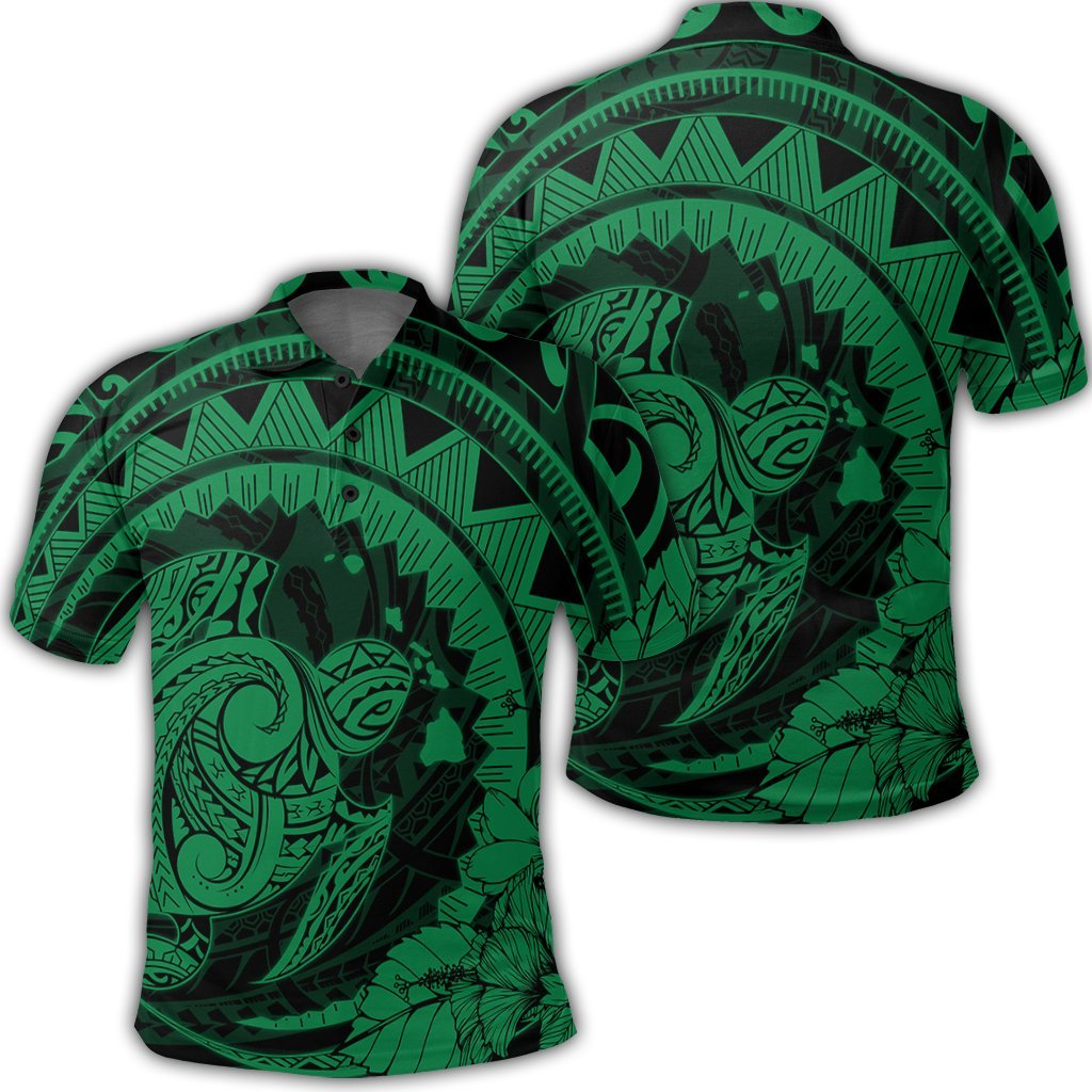 Hawaiian Kanaka Honu Map Hibiscus Globular Polynesian Green Polo Shirt Unisex Black - Polynesian Pride