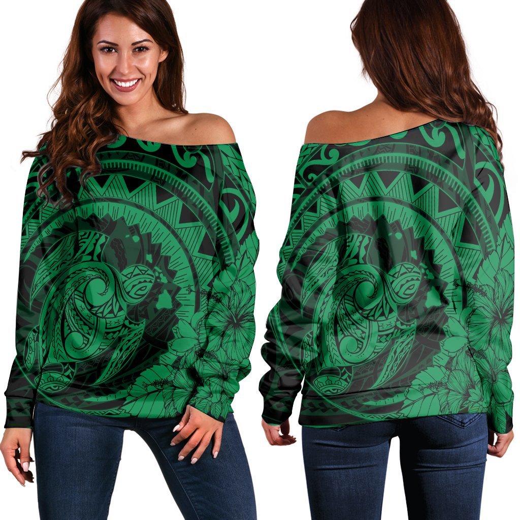 Hawaiian Kanaka Honu Map Hibiscus Globular Polynesian Green Women's Off Shoulder Sweater - AH Black - Polynesian Pride