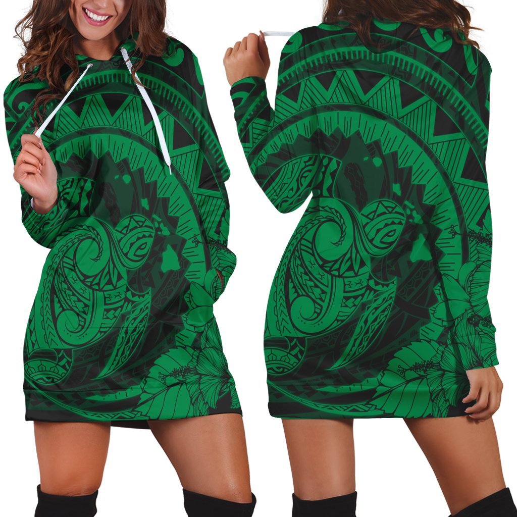 Hawaiian Kanaka Honu Map Hibiscus Globular Polynesian Green Hoodie Dress - AH Black - Polynesian Pride