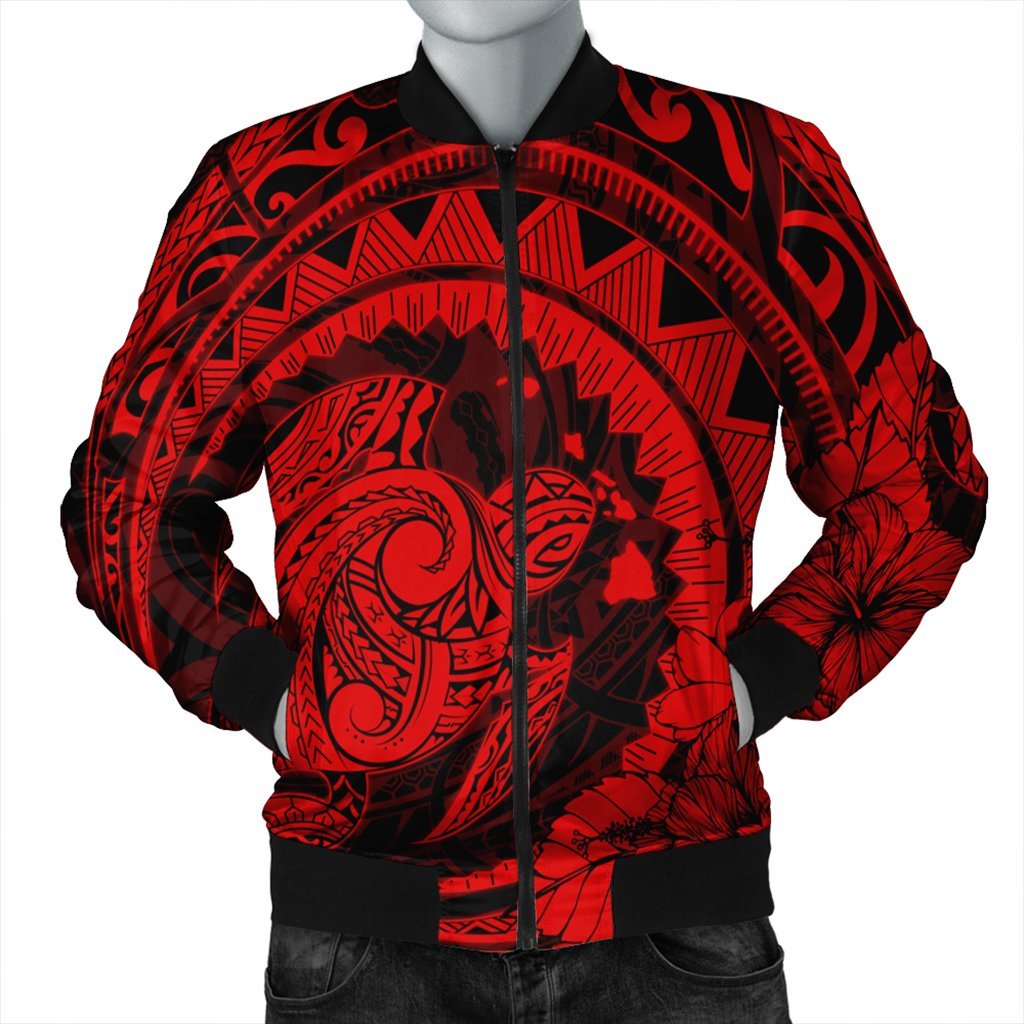 Hawaiian Kanaka Honu Map Hibiscus Globular Polynesian Red Bomber Jacket - AH Black Unisex - Polynesian Pride