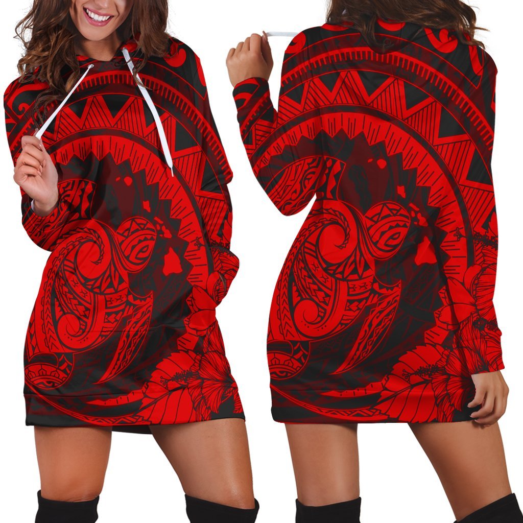 Hawaiian Kanaka Honu Map Hibiscus Globular Polynesian Red Hoodie Dress - AH Black - Polynesian Pride