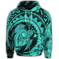 Hawaiian Kanaka Honu Map Hibiscus Globular Polynesian Turquoise Zip Hoodie - Polynesian Pride