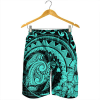 Hawaiian Kanaka Honu Map Hibiscus Globular Polynesian Turquoise Men's Shorts - AH - Polynesian Pride
