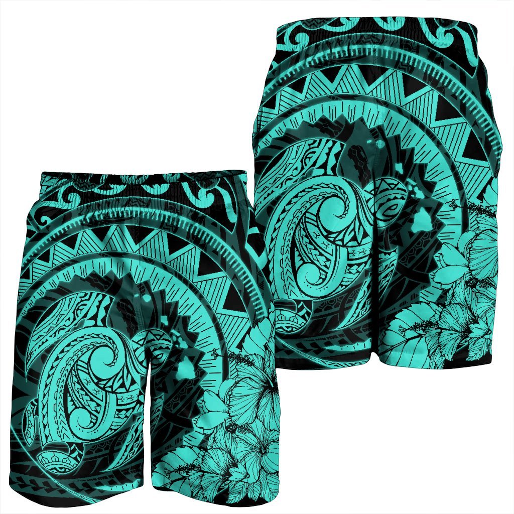 Hawaiian Kanaka Honu Map Hibiscus Globular Polynesian Turquoise Men's Shorts - AH - Polynesian Pride