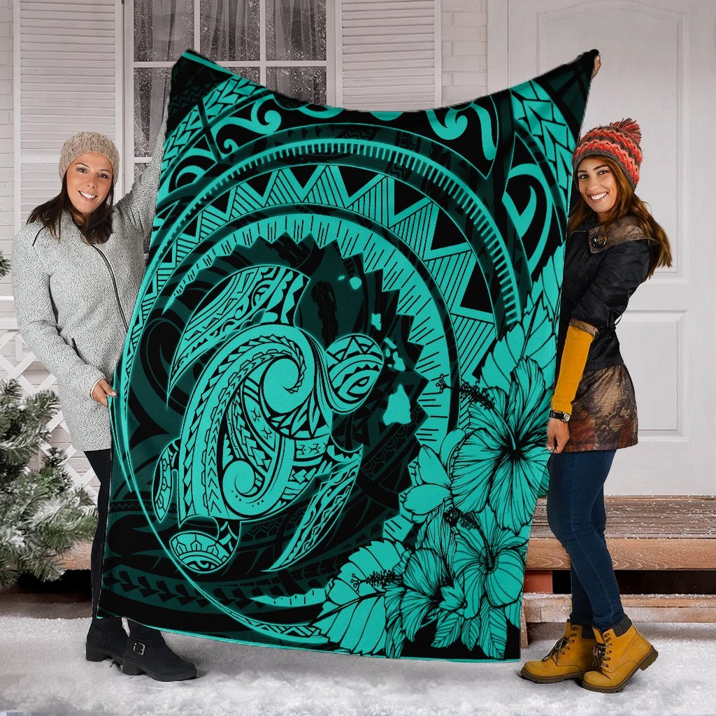 Hawaiian Kanaka Honu Map Hibiscus Globular Polynesian Turquoise Premium Blankets - AH - Polynesian Pride