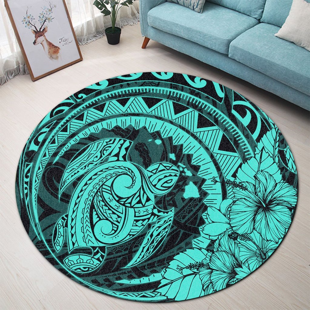 Hawaiian Kanaka Honu Map Hibiscus Globular Polynesian Turquoise Round Carpet - AH - Polynesian Pride