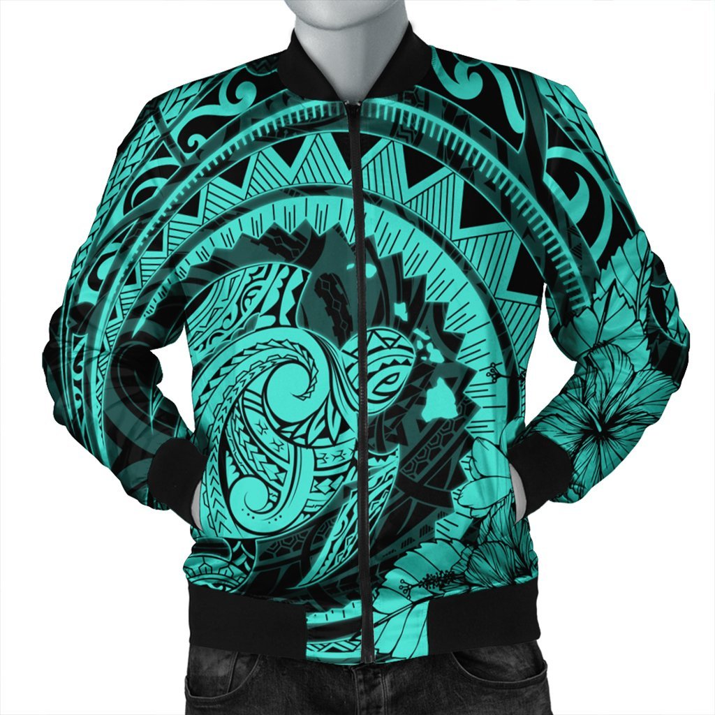 Hawaiian Kanaka Honu Map Hibiscus Globular Polynesian Turquoise Bomber Jacket - AH Black Unisex - Polynesian Pride