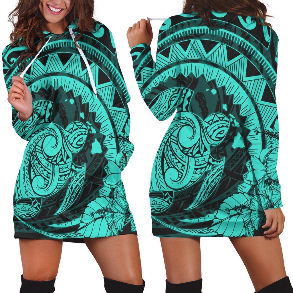 Hawaiian Kanaka Honu Map Hibiscus Globular Polynesian Turquoise Hoodie Dress - AH Black - Polynesian Pride