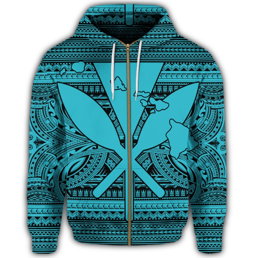 Hawaiian Kanaka Polynesian Tribal Zip Hoodie Reggae Color Blue - Polynesian Pride