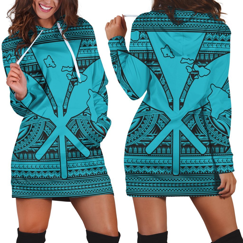 Hawaiian Kanaka Polynesian Tribal Hoodie Dress Reggae Color Blue AH Black - Polynesian Pride