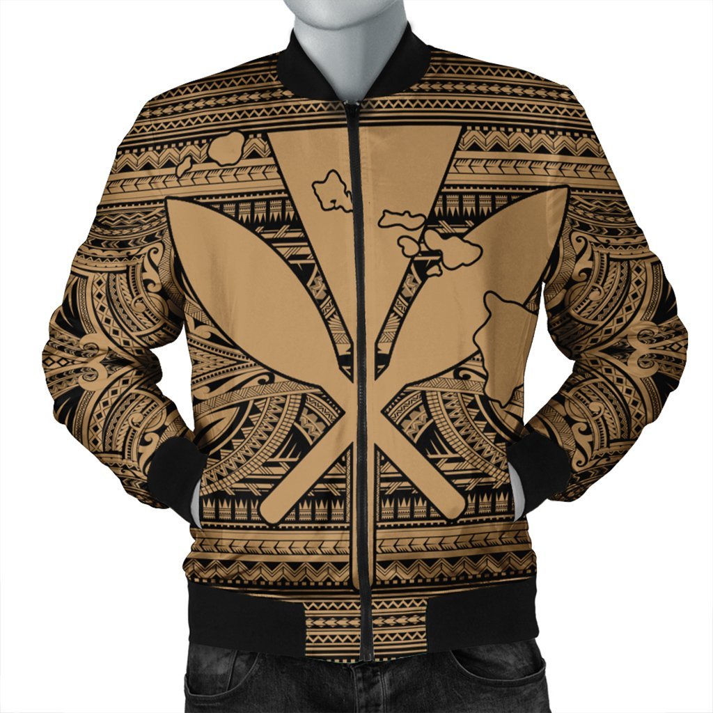 Hawaiian Kanaka Polynesian Tribal Bomber Jacket Reggae Color Gold AH Black Unisex - Polynesian Pride