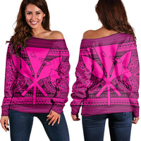 Hawaiian Kanaka Polynesian Tribal Women's Off Shoulder Sweater Reggae Color Pink AH Black - Polynesian Pride