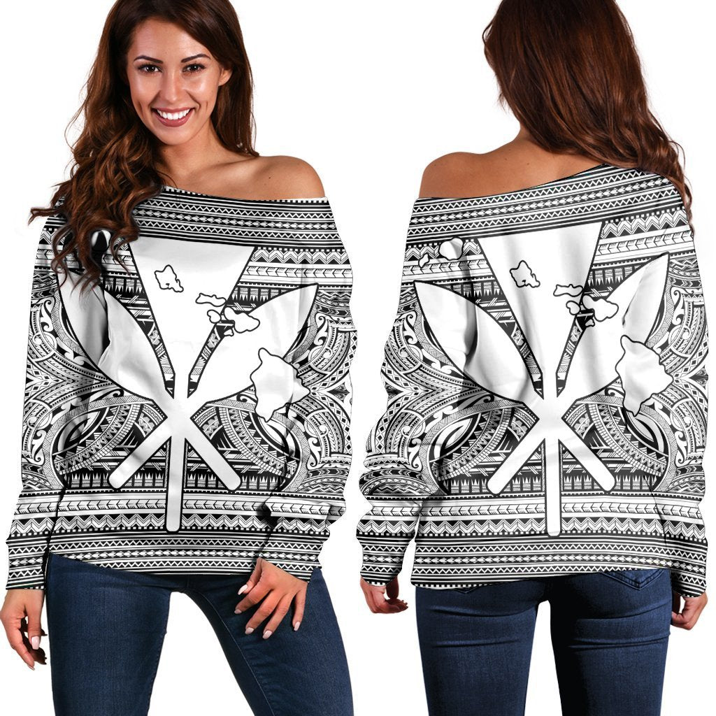 Hawaiian Kanaka Polynesian Tribal Women's Off Shoulder Sweater Reggae Color White AH Black - Polynesian Pride