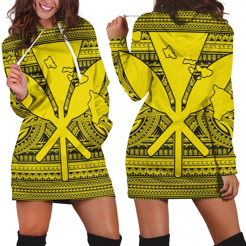 Hawaiian Kanaka Polynesian Tribal Hoodie Dress Reggae Color Yellow AH Black - Polynesian Pride