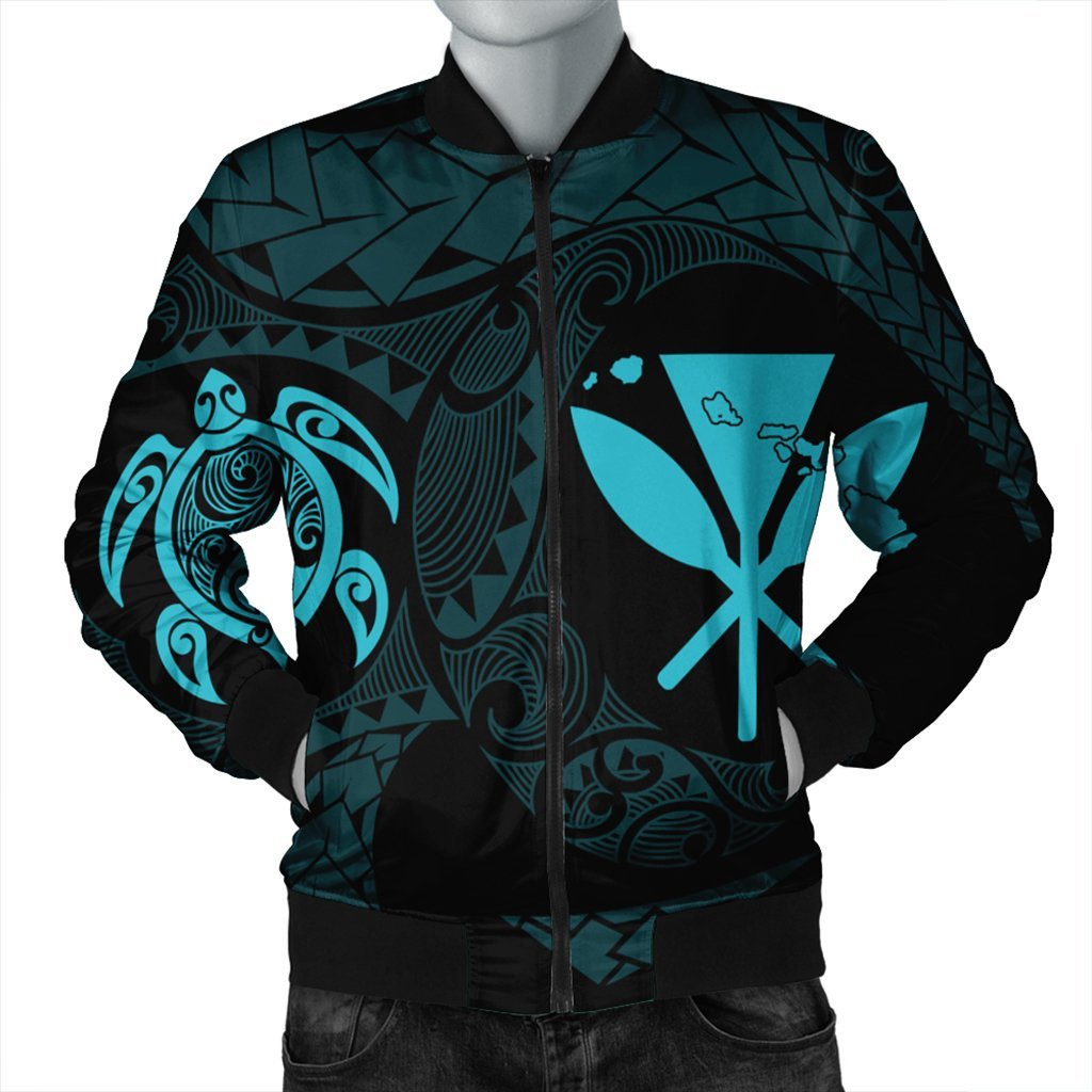 Hawaiian Kanaka Turtle Polynesian Bomber Jacket Blue AH Black Unisex - Polynesian Pride