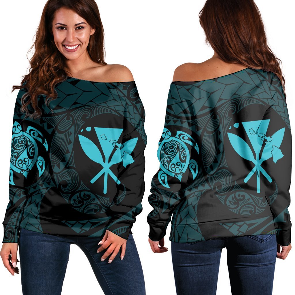 Hawaiian Kanaka Turtle Polynesian Women's Off Shoulder Sweater Blue AH Black - Polynesian Pride