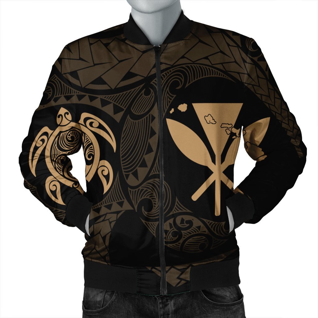 Hawaiian Kanaka Turtle Polynesian Bomber Jacket Gold AH Black Unisex - Polynesian Pride