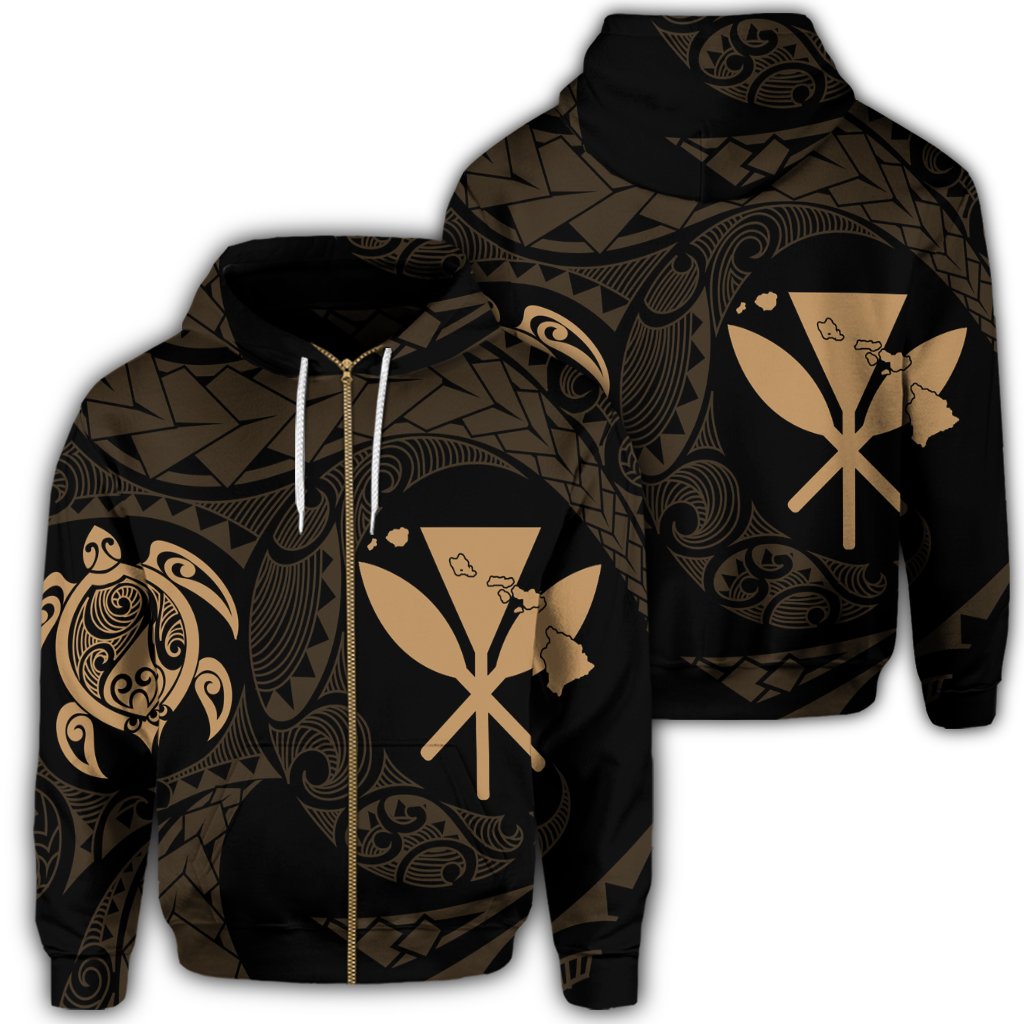Hawaiian Kanaka Turtle Polynesian Zip Hoodie Gold Unisex Art - Polynesian Pride