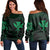 Hawaiian Kanaka Turtle Polynesian Women's Off Shoulder Sweater Green AH Black - Polynesian Pride