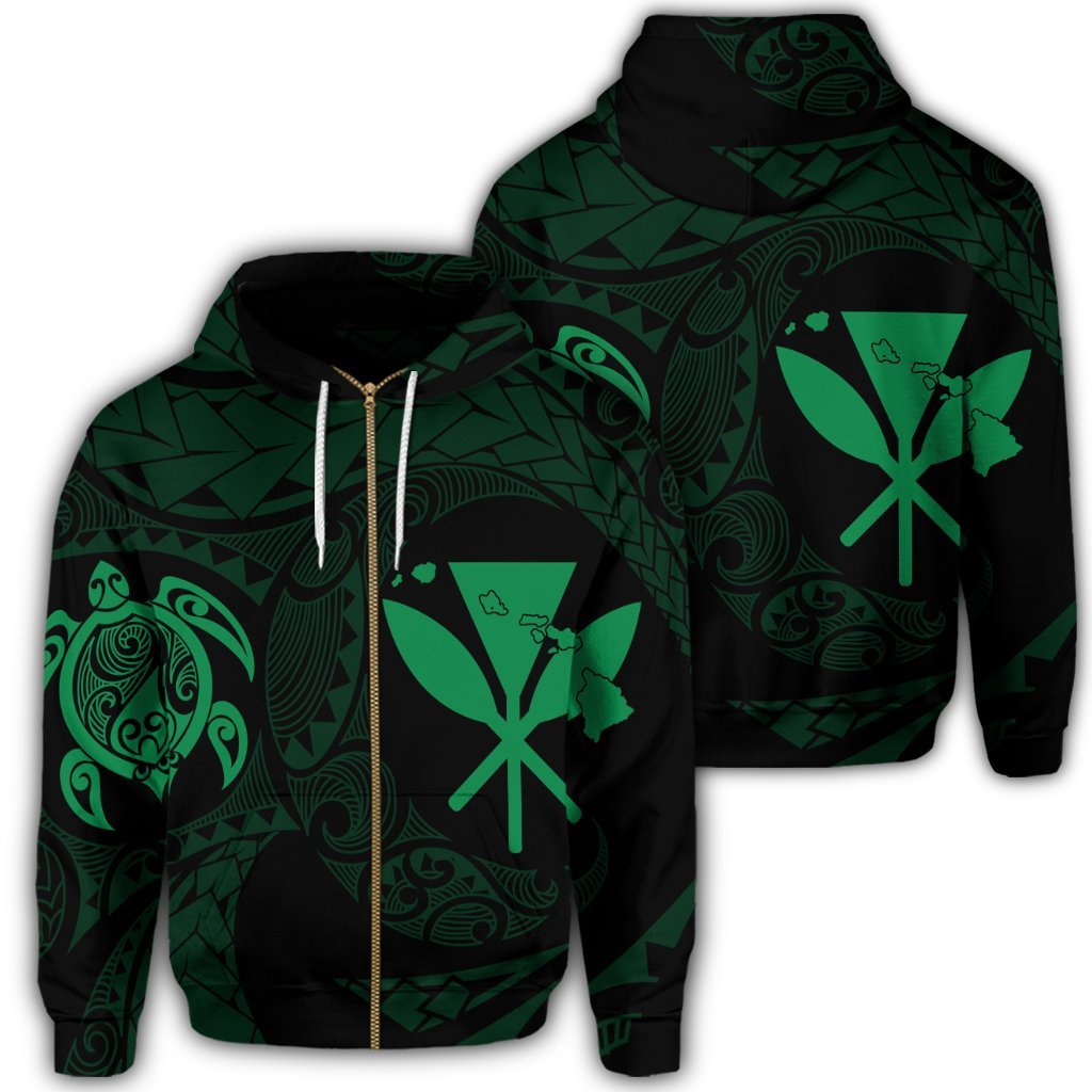 Hawaiian Kanaka Turtle Polynesian Zip Hoodie Green Unisex Art - Polynesian Pride