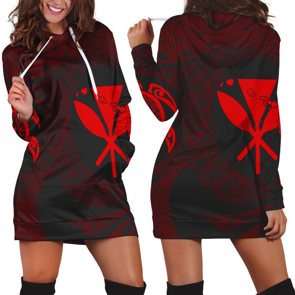 Hawaiian Kanaka Turtle Polynesian Hoodie Dress Red AH Black - Polynesian Pride