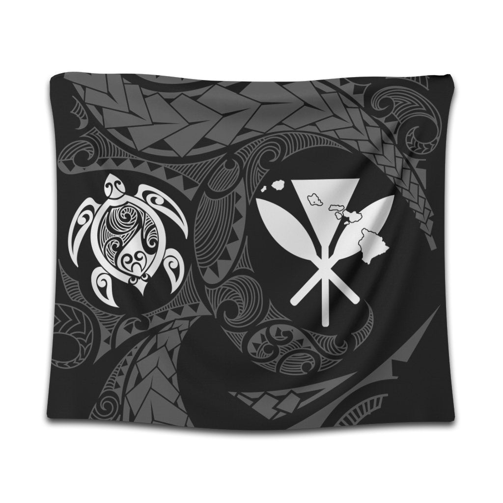 Hawaiian Kanaka Turtle Polynesian Tapestry White AH Wall Tapestry Black - Polynesian Pride