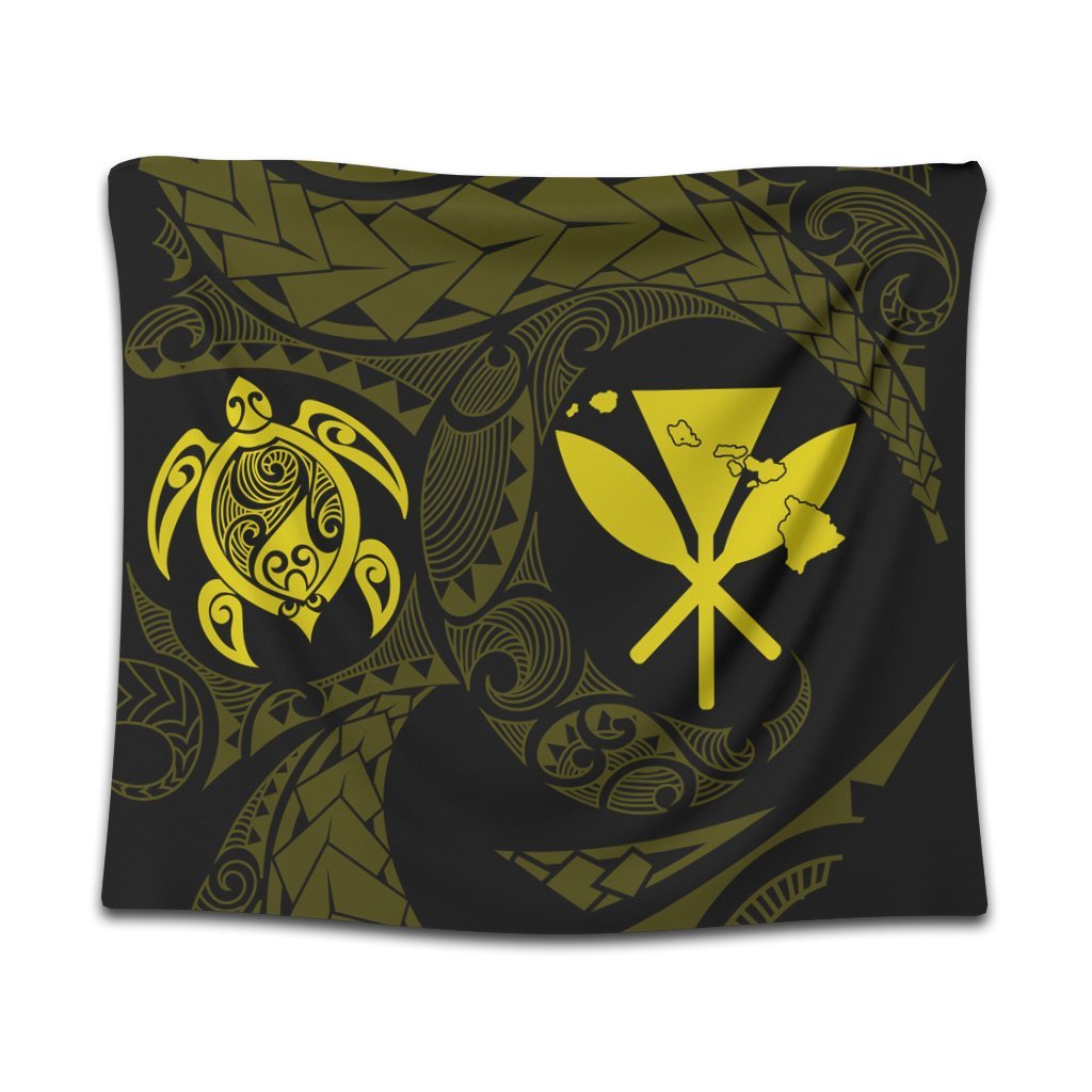 Hawaiian Kanaka Turtle Polynesian Tapestry Yellow AH Wall Tapestry Black - Polynesian Pride