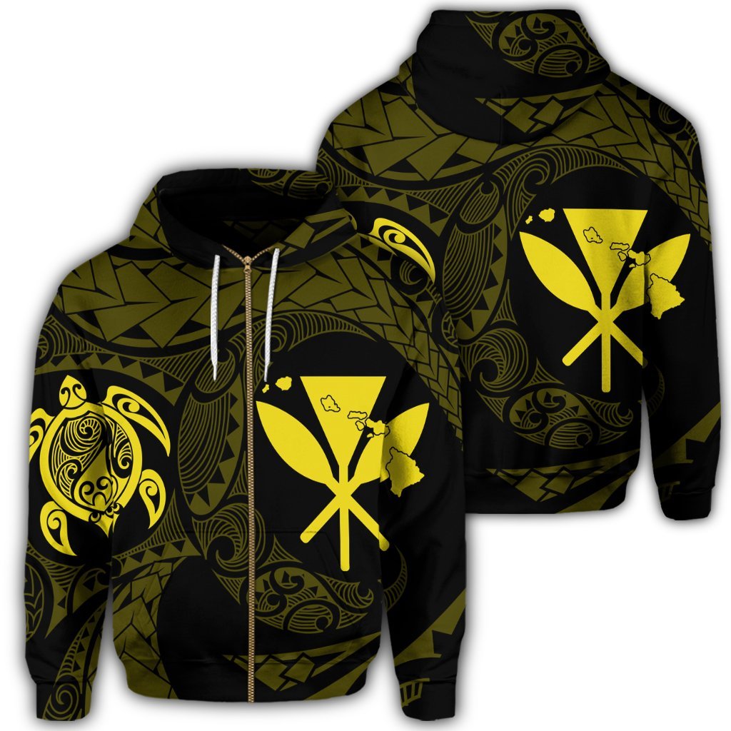 Hawaiian Kanaka Turtle Polynesian Zip Hoodie Yellow Unisex Art - Polynesian Pride