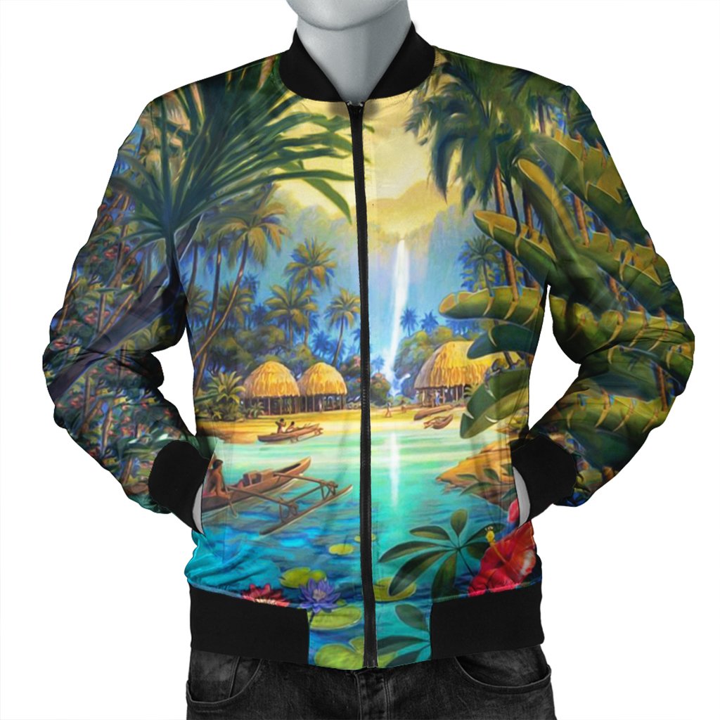 Hawaiian Living In Aboriginal Village Bomber Jacket - AH Black Unisex - Polynesian Pride