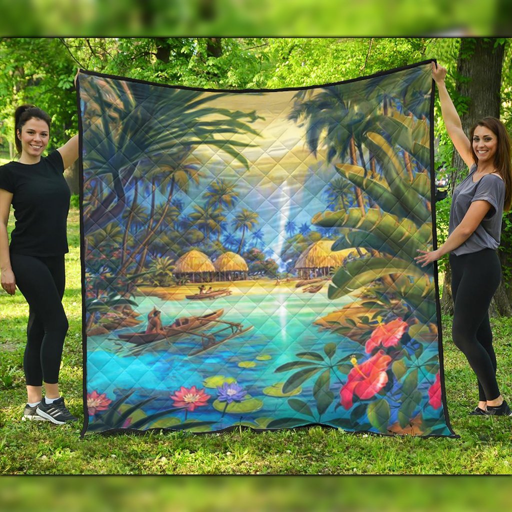 Hawaiian Living In Aboriginal Village Premium Quilts - AH Black - Polynesian Pride