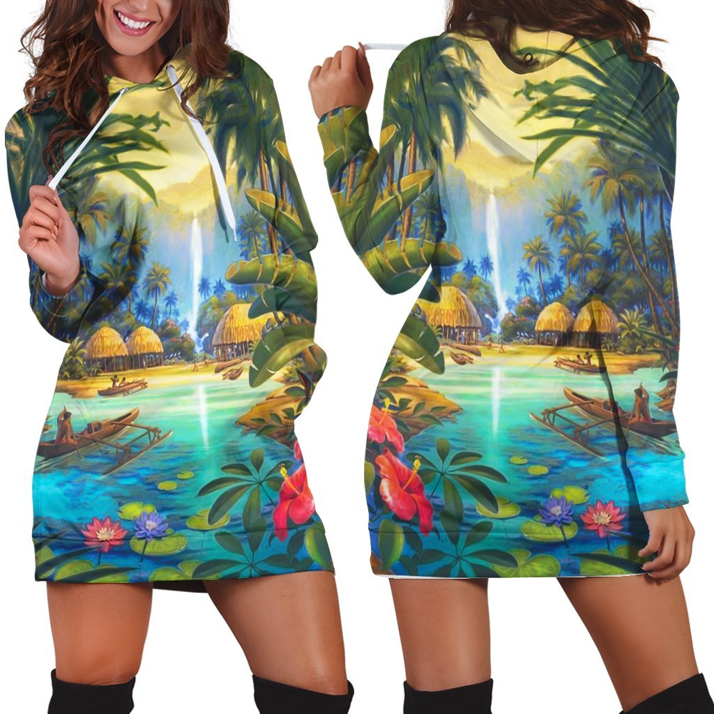 Hawaiian Living In Aboriginal Village Hoodie Dress - AH Black - Polynesian Pride