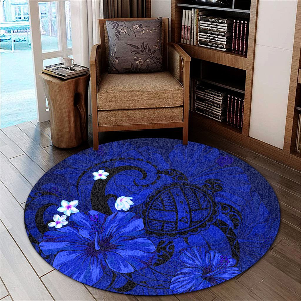 Hawaiian Map Big Turtle Hibiscus Plumeria Tribal Polynesian Round Carpet - Blue - AH - Polynesian Pride