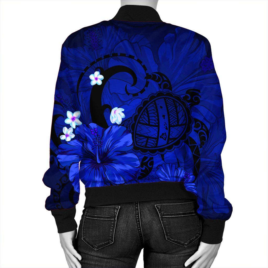 Hawaiian Map Big Turtle Hibiscus Plumeria Tribal Polynesian Bomber Jacket - Blue - AH - Polynesian Pride