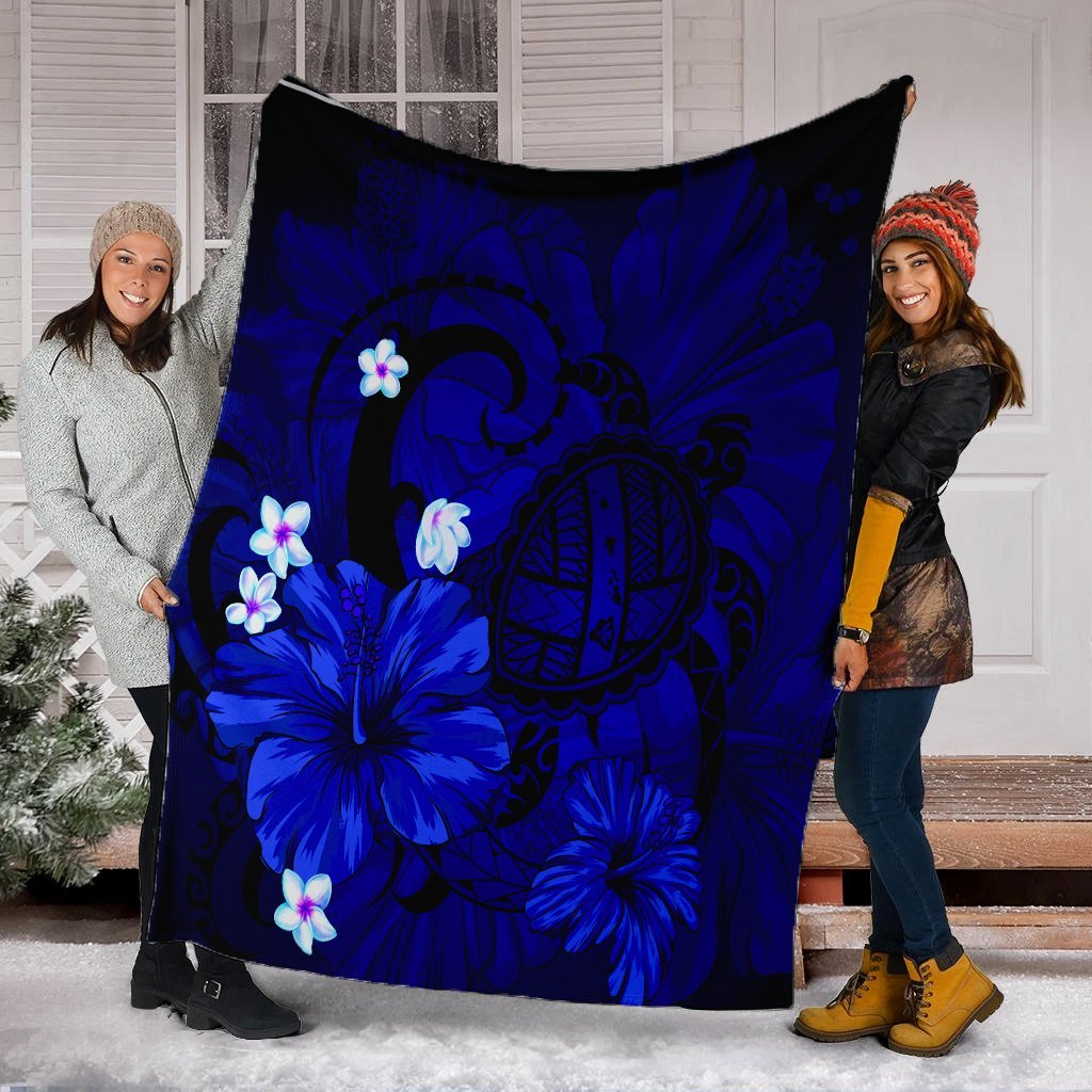 Hawaiian Map Big Turtle Hibiscus Plumeria Tribal Polynesian Premium Blankets - Blue - AH - Polynesian Pride