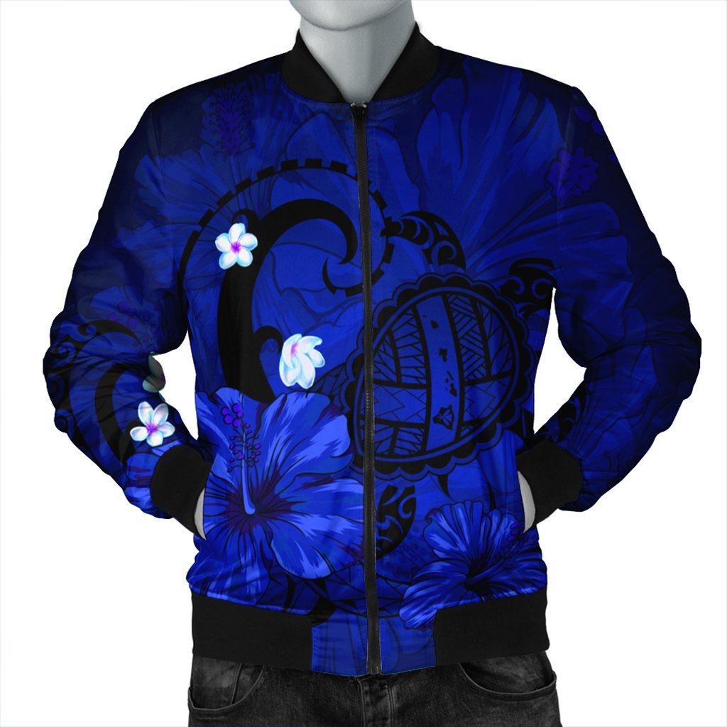 Hawaiian Map Big Turtle Hibiscus Plumeria Tribal Polynesian Bomber Jacket - Blue - AH Black Unisex - Polynesian Pride