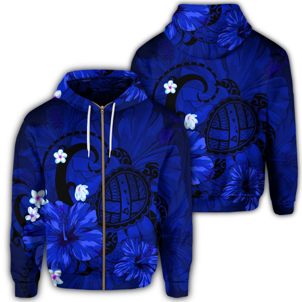 Hawaiian Map Big Turtle Hibiscus Plumeria Tribal Polynesian Zip Hoodie Blue Unisex Art - Polynesian Pride