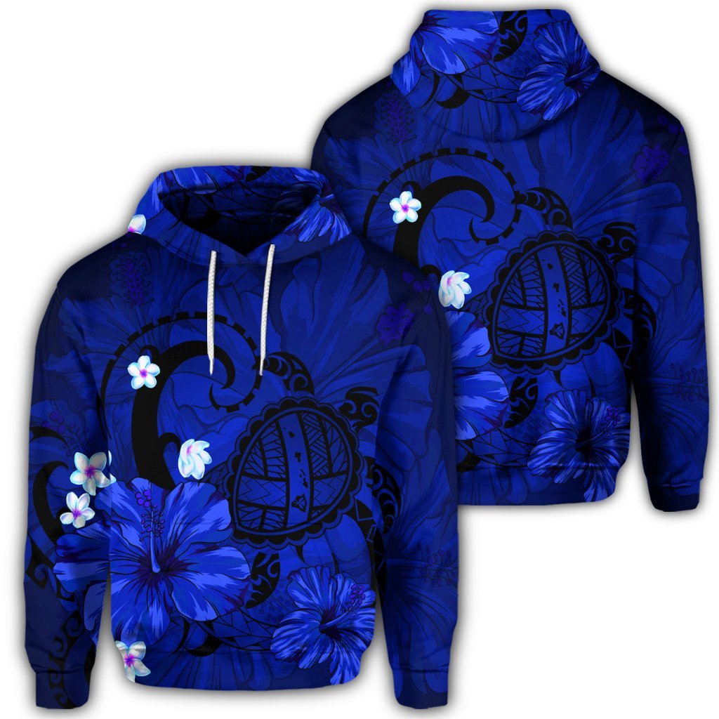 Hawaiian Map Big Turtle Hibiscus Plumeria Tribal Polynesian Hoodie Blue Unisex Art - Polynesian Pride