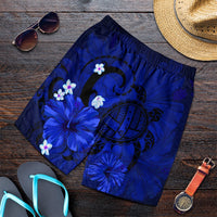 Hawaiian Map Big Turtle Hibiscus Plumeria Tribal Polynesian Men's Shorts - Blue - AH Art - Polynesian Pride