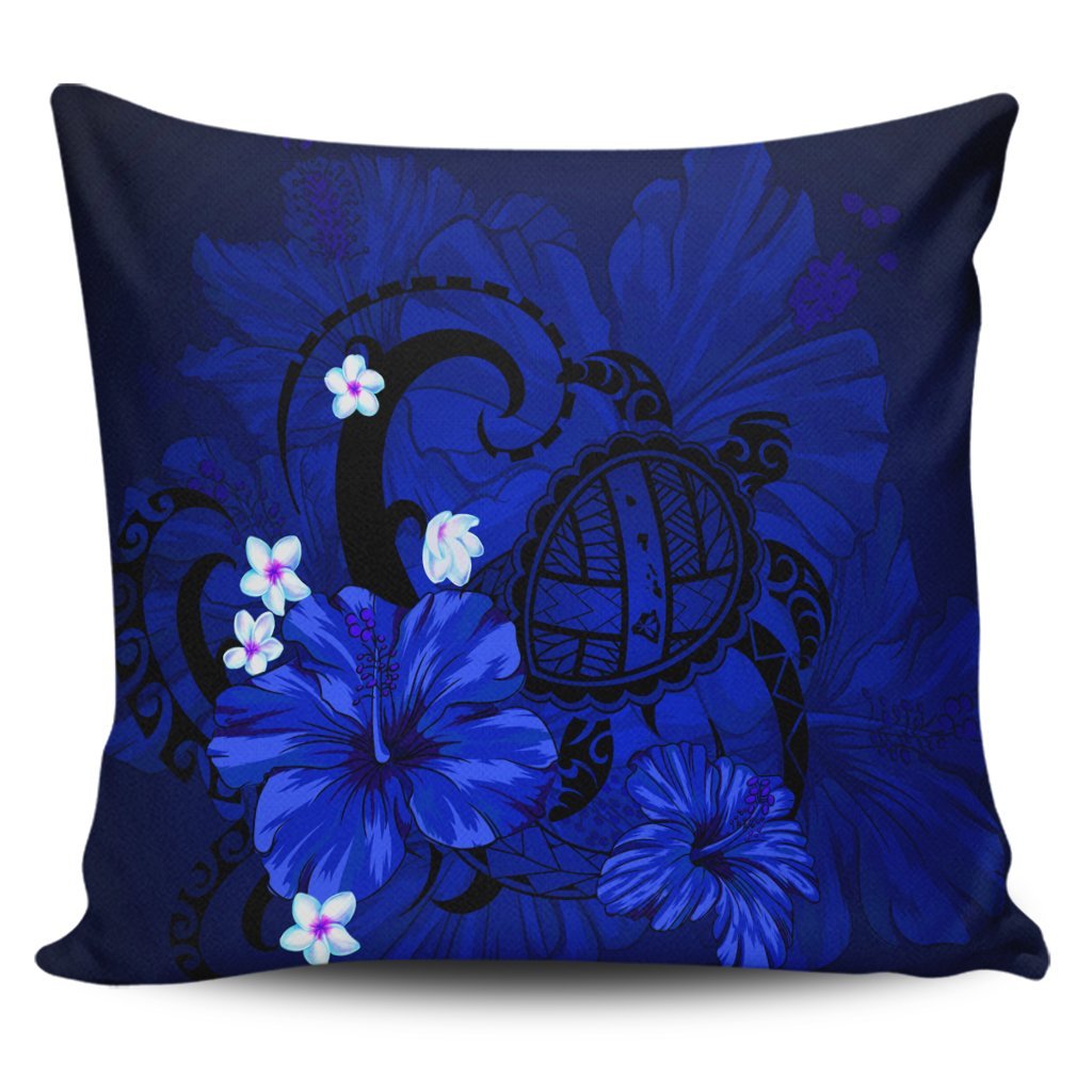 Hawaiian Map Big Turtle Hibiscus Plumeria Tribal Polynesian Pillow Covers - Blue - AH Pillow Covers Black - Polynesian Pride