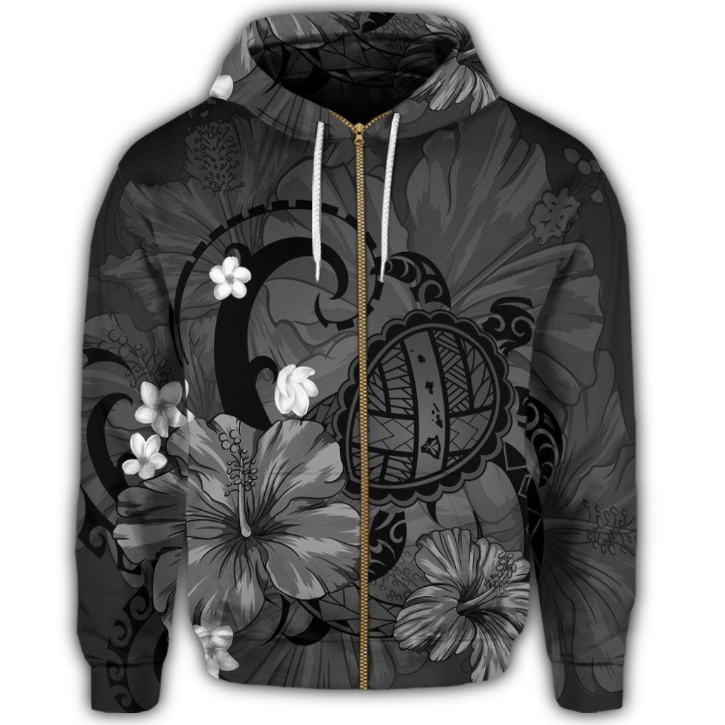 Hawaiian Map Big Turtle Hibiscus Plumeria Tribal Polynesian Zip Hoodie Gray - Polynesian Pride