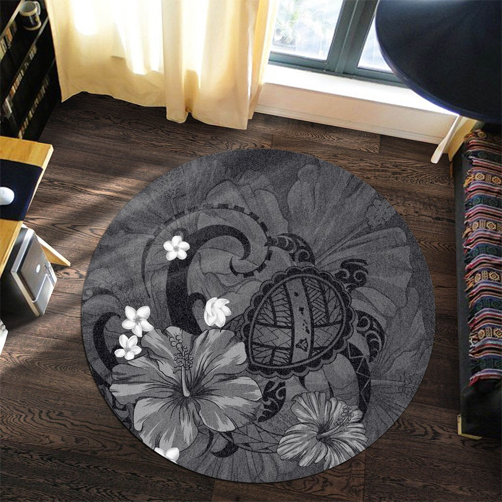 Hawaiian Map Big Turtle Hibiscus Plumeria Tribal Polynesian Round Carpet - Gray - AH - Polynesian Pride