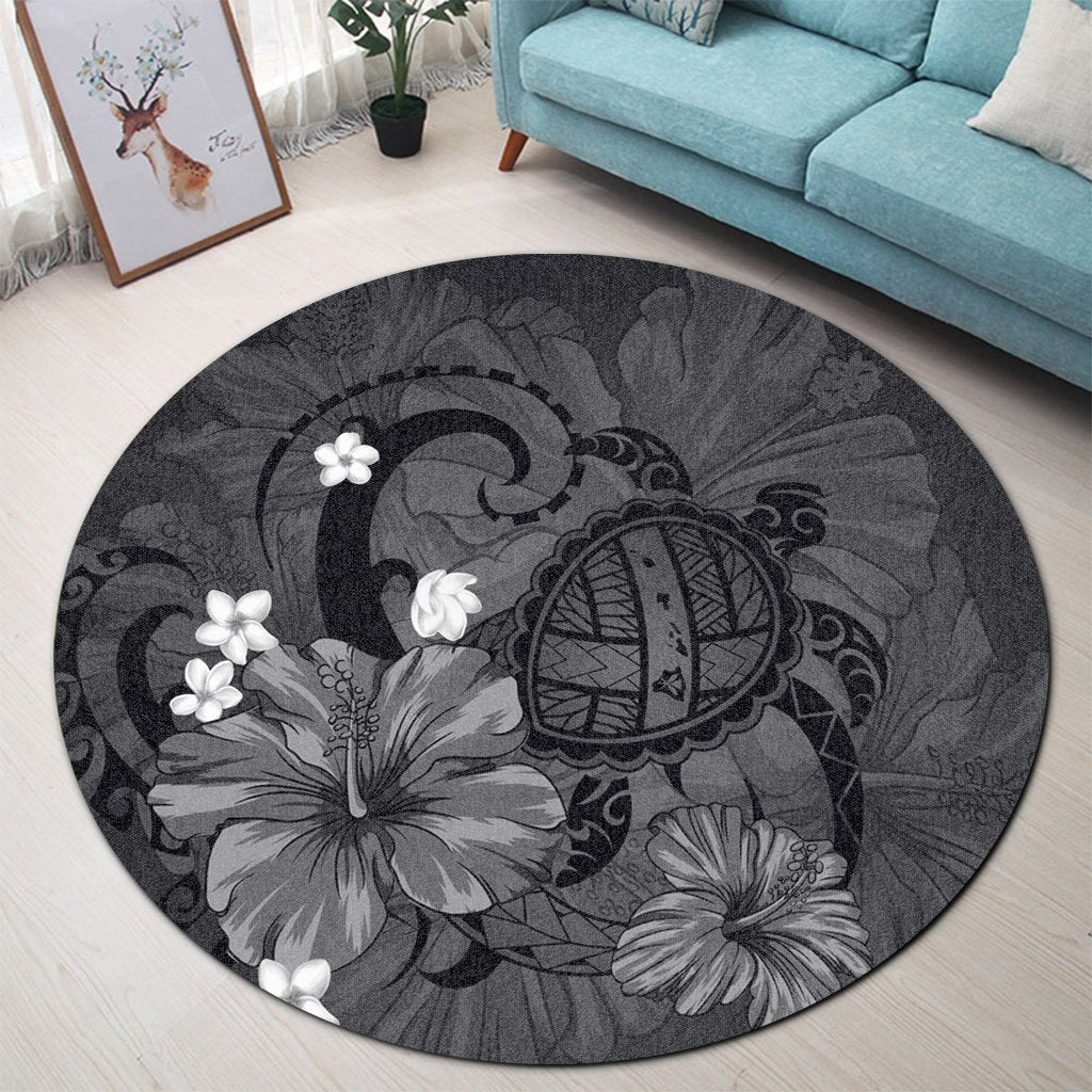 Hawaiian Map Big Turtle Hibiscus Plumeria Tribal Polynesian Round Carpet - Gray - AH - Polynesian Pride