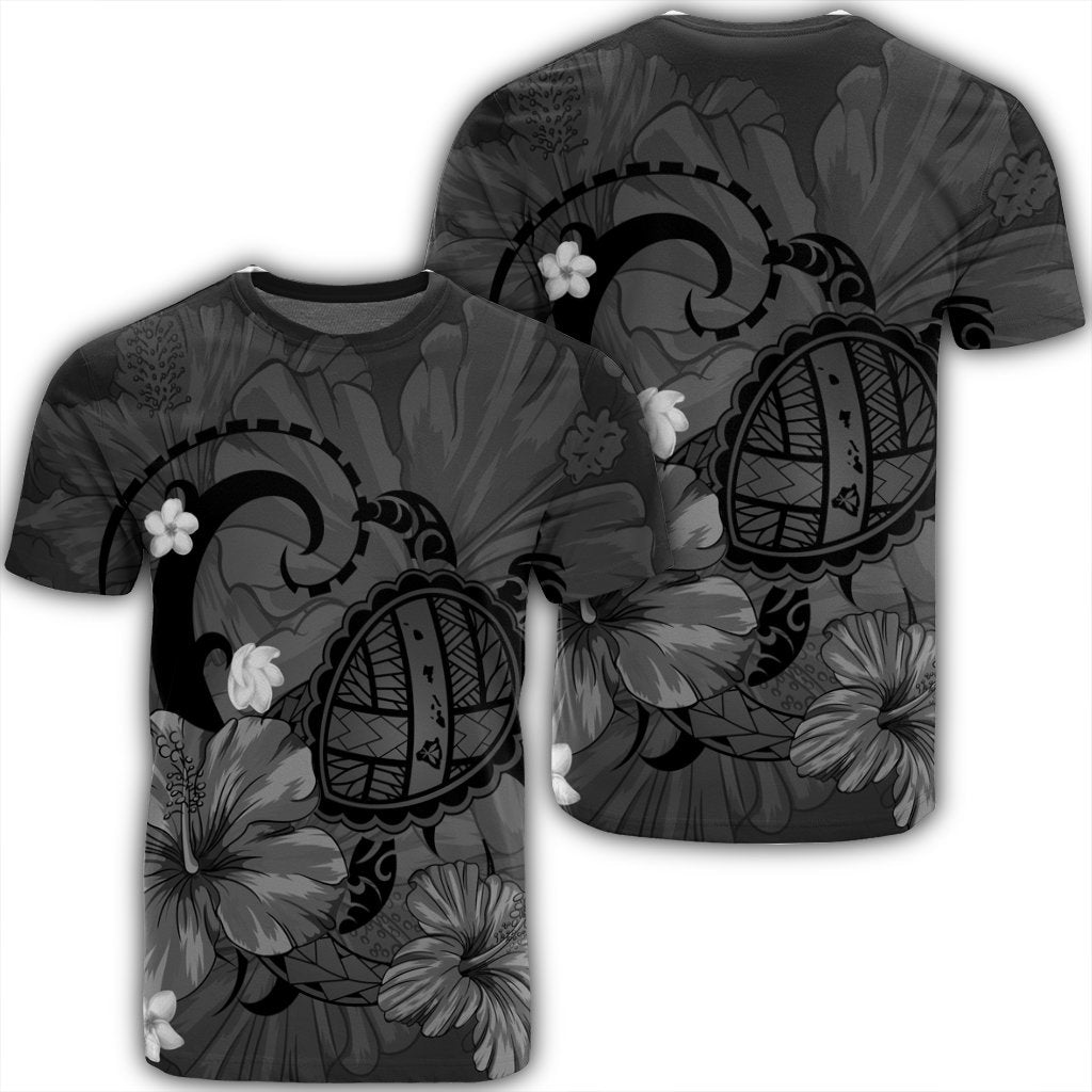 Hawaiian Map Big Turtle Hibiscus Plumeria Tribal Polynesian T Shirt Gray Unisex Black - Polynesian Pride